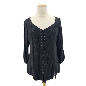 Holy Clothing Womens XL/ 1X Top Lace Up Embroidered Black Tunic Peasant Boho